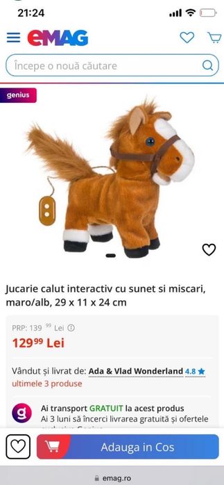 Jucarie calut interactiv cu sunet si miscari maro cu alb 29x11x24 cm