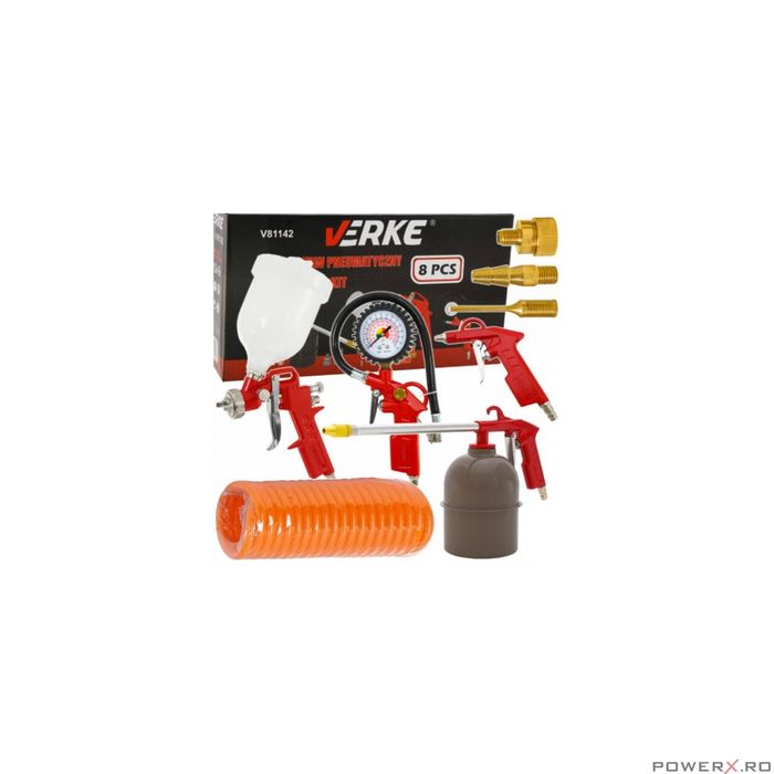 Kit compresor 8 piese, pistol suflat, vopsit, umflat, antifonat,