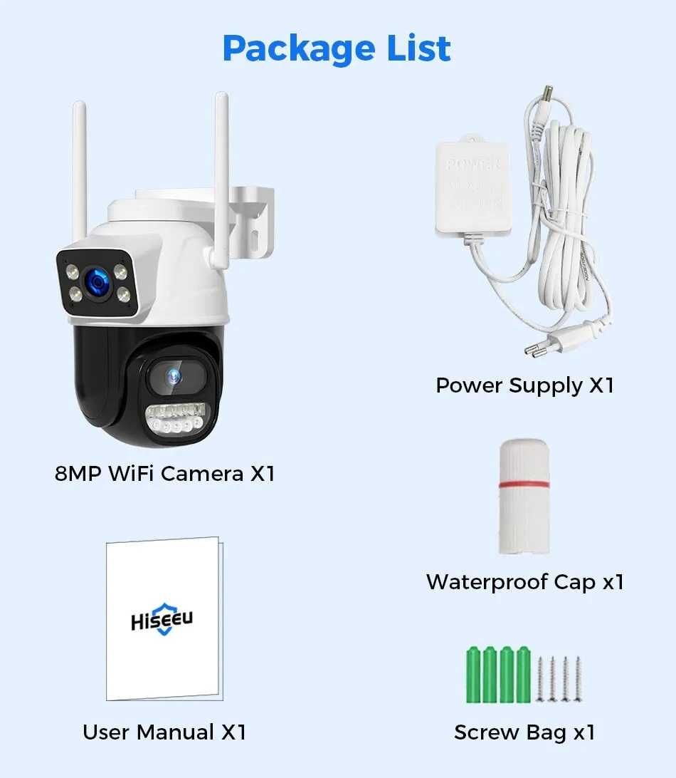 4K 8MP Външна WiFi PTZ Безжична Камера Двоен обектив ,Нощно виждане
