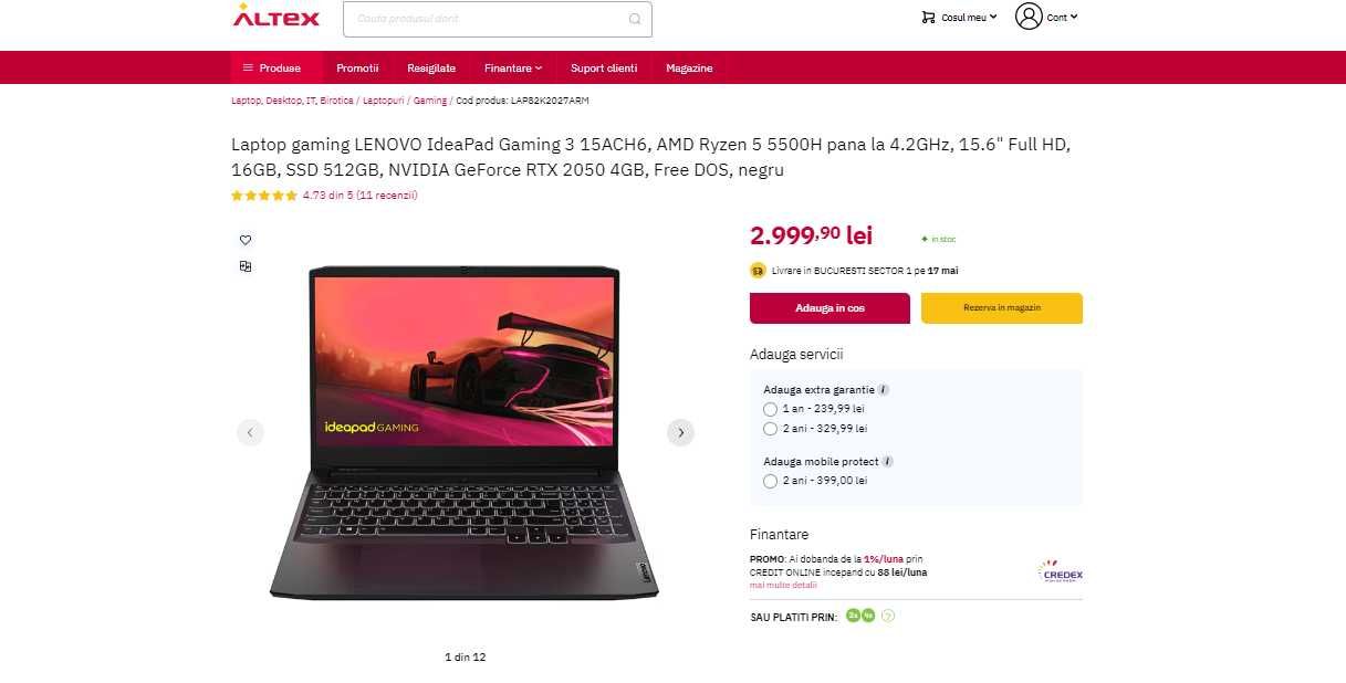 NOU | SIGILAT | Laptop Gaming Lenovo IdeaPad 3 15ACH6 cu RTX 2050 4GB