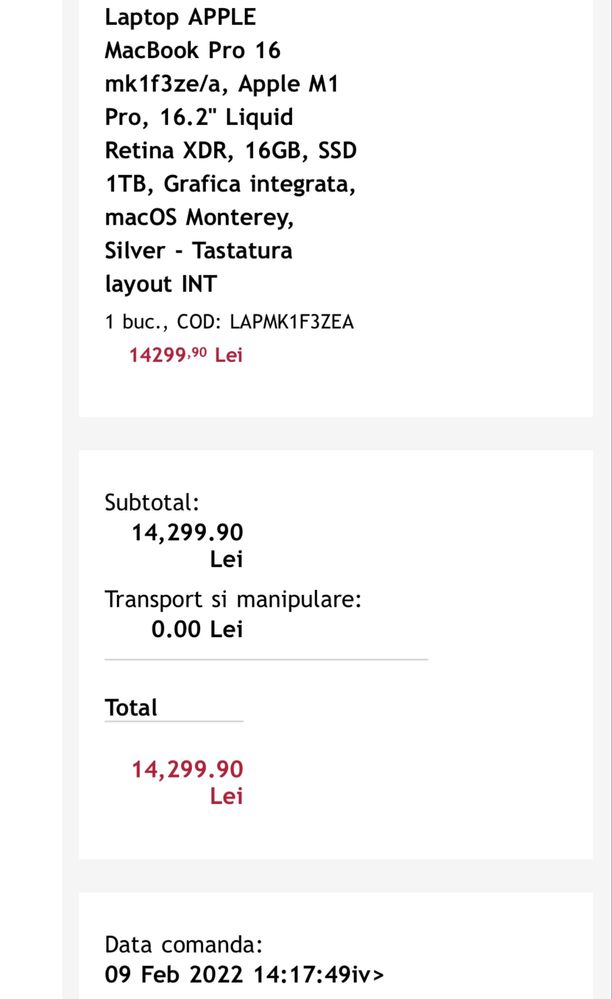 MacBook Pro 16″ 2021, M1 Pro 10 Cores, 16 GB, 16 core GPU Silver