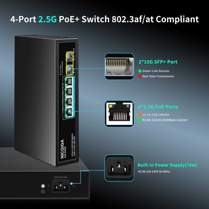 Switch ethernet NICGIGA PoE 4 port 2.5G,neadministrat,2x10G SFP Uplink