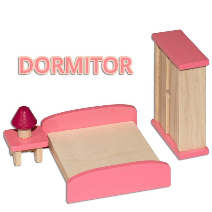 Casuta de papusi cu mobilier din lemn, 55x36x53 cm