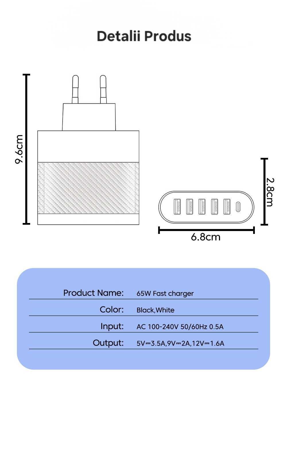 Încărcător Fast Charge 65W, 5 porturi UsbA+UsbC. 3.1A. Universal.