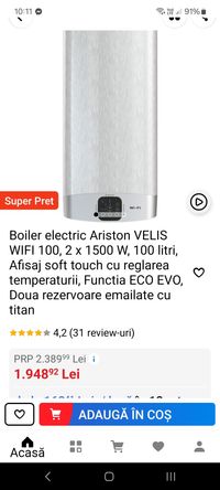 Boiler electric Ariston VELIS WIFI 100, 2 x 1500 W, 100 litri,