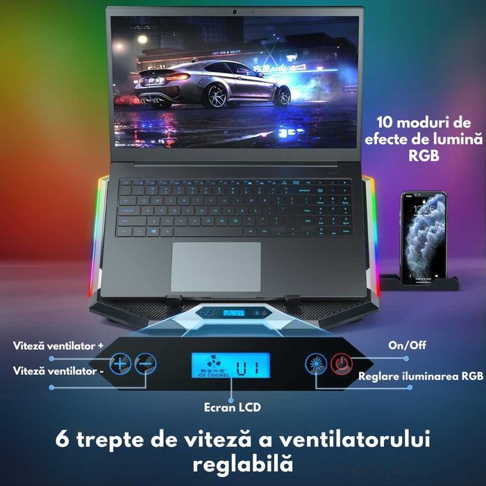 Cooler laptop, Suport de Racire RGB cu 8 Ventilatoare, 6 Trepte Reglab