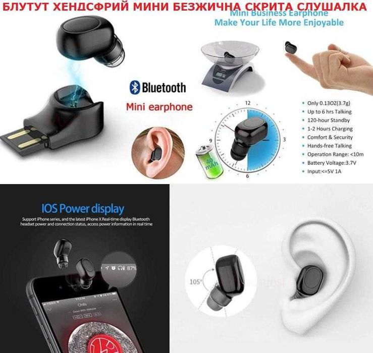 Безжична Скрита Слушалка On-Ear Микрофон Смартфон Bluetooth Хендсфрий