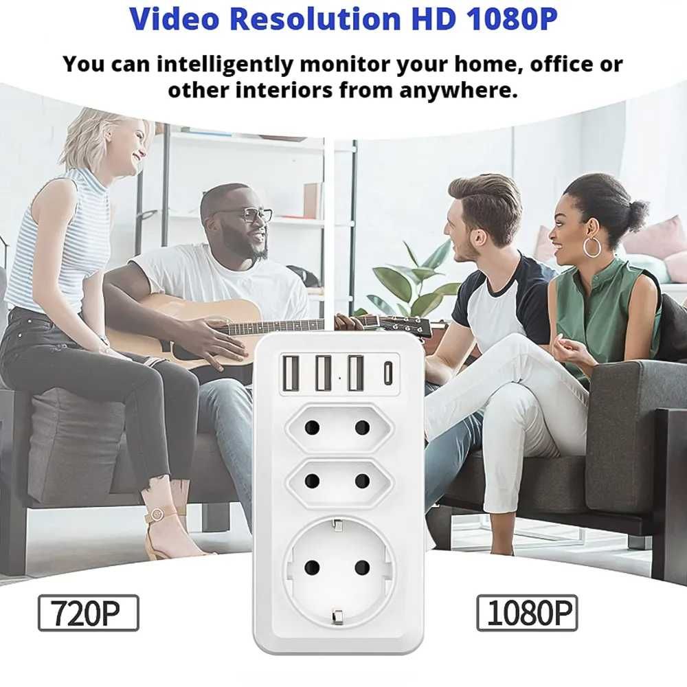 Скрита камера Wifi контакт разклонител с USB и Type C, видеонаблюдение