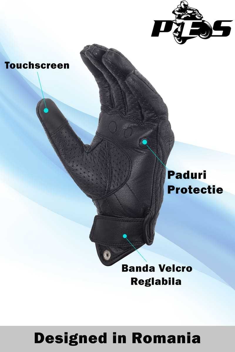 Manuși Moto din Piele Perforată cu Protecție Carbon, PES, Negru