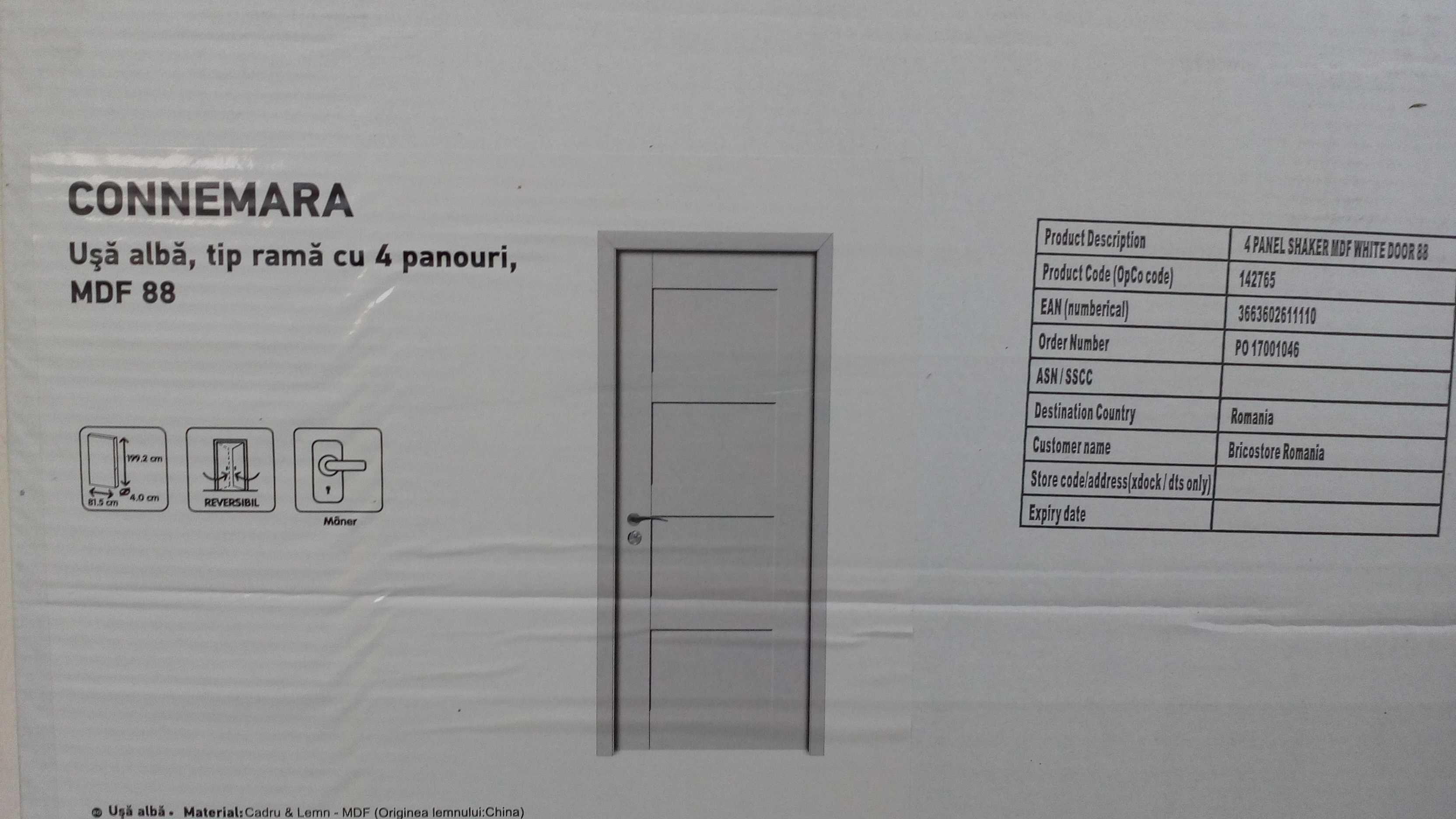 ușă mdf de interior, albă, 205x88 cm, nouă