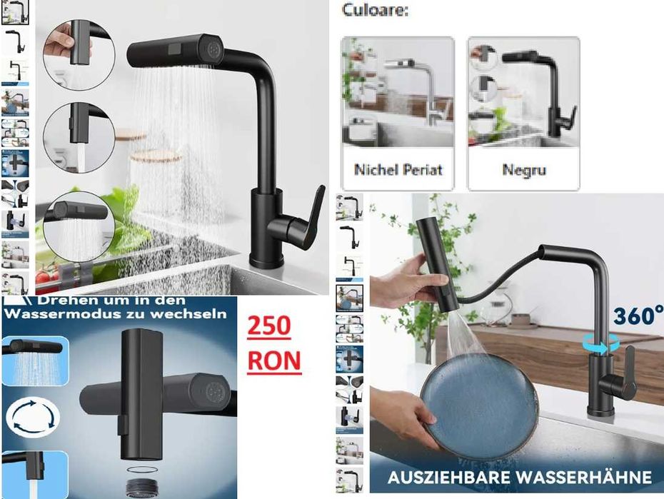Baterie Robinet ghiuveta bucatarie extensibila, sablata valva ceramica