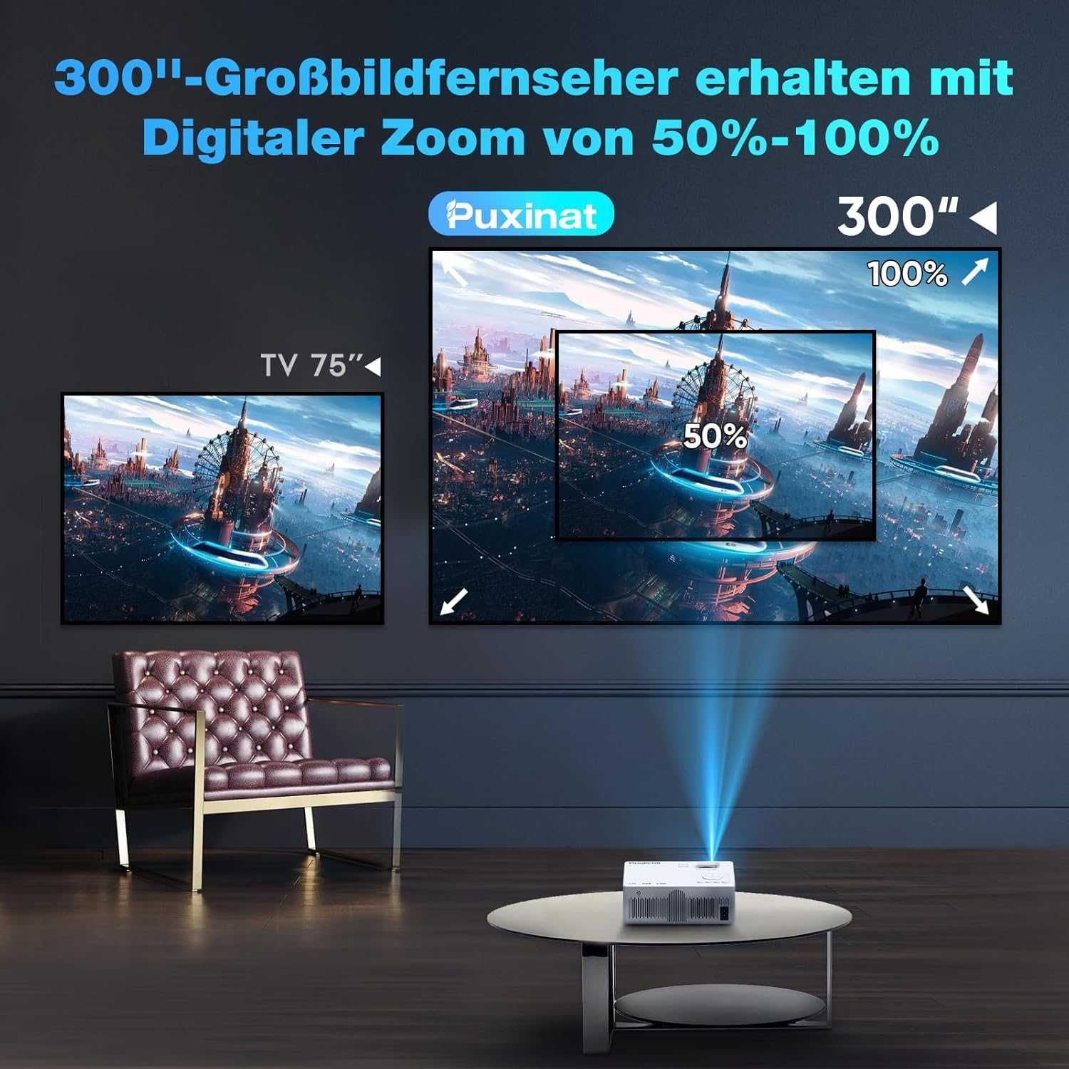 Проектор 1080P видео прожектор, WiFi Bluetooth, 300 инча, домашно кино