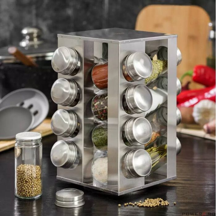 Set 16 recipiente pentru condimente, cu suport, inox si sticla,