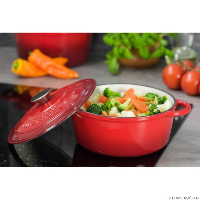 Oala din fonta emailata 2.4 litri, 21cm cratita cu capac, rosu,