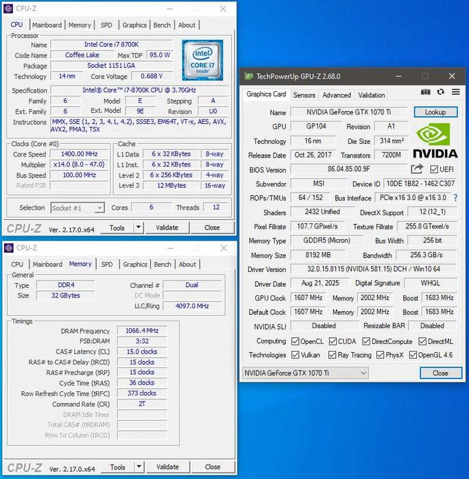 Настолен компютър Intel i7 12 Core/32GB/Nvidia 1070Ti/2 x 256GB SSD
