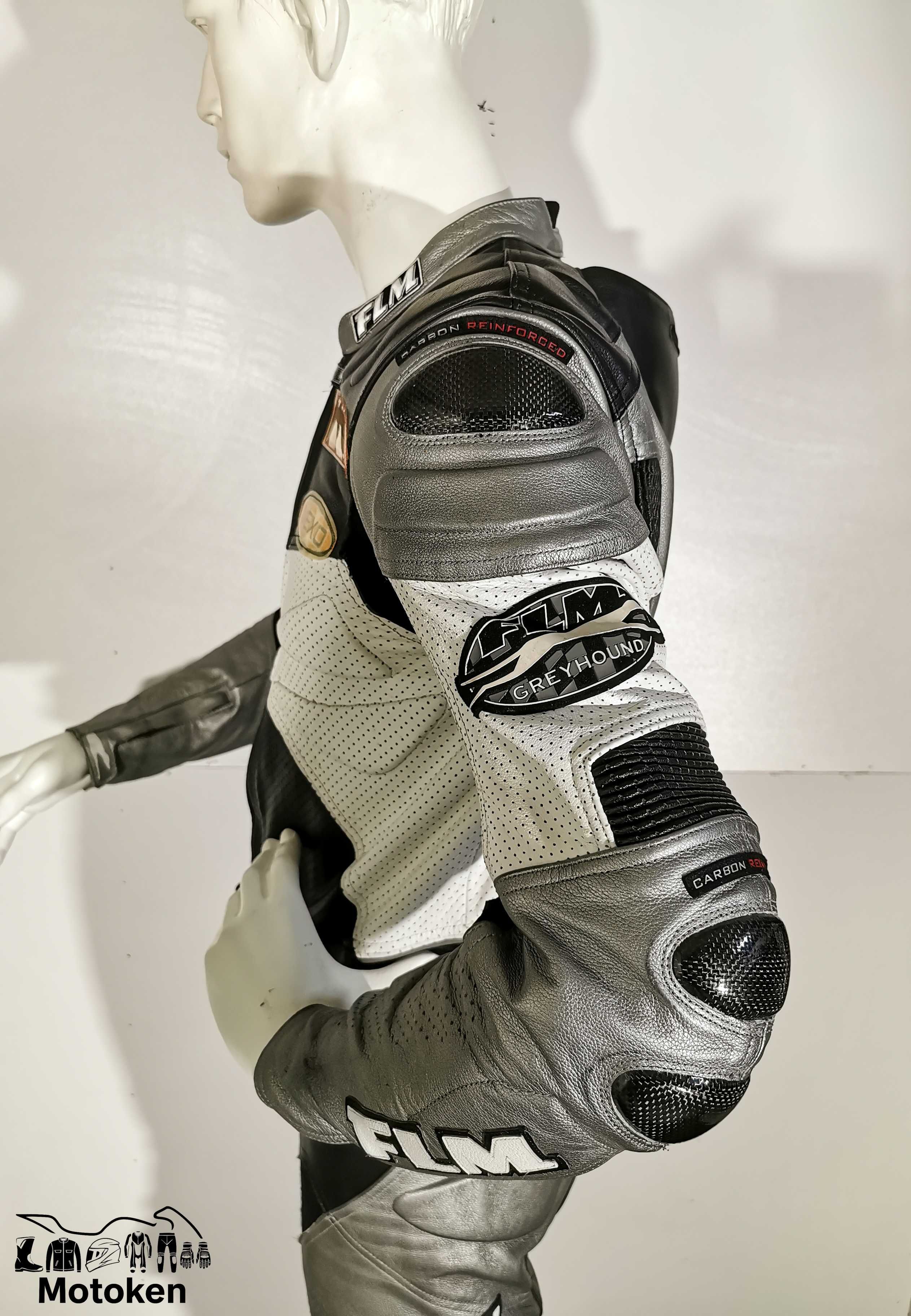 Costum moto piele FLM gri alb negru cu cocoasã marimi: 48, 50,52