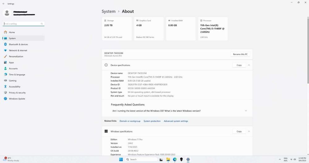 PC Alienware Aurora R12–i5 11400F, RX580, 256 GB NWME. 1.8TB HDD. RGB