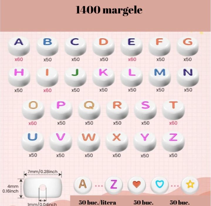 Margele rotunde cu litere multicolore din material acrilic, 1400 buc,