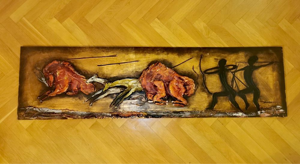 Картина масло фазер експресионизъм “ Лов “, ловци гонят бикове и сърна