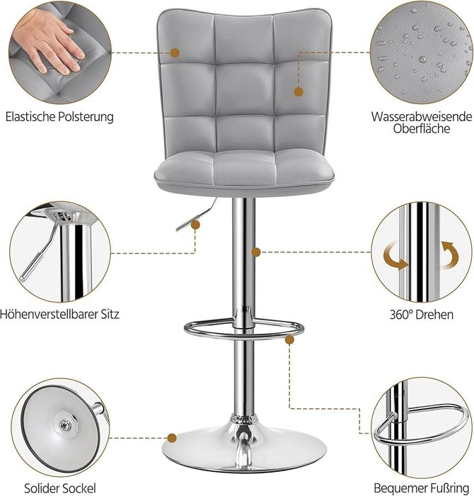 ПромоЦена!Луксозен кожен бар стол с регулируема височина и газов аморт