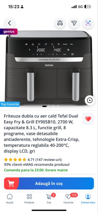 Friteuza dubla cu aer cald Tefal Dual Easy
