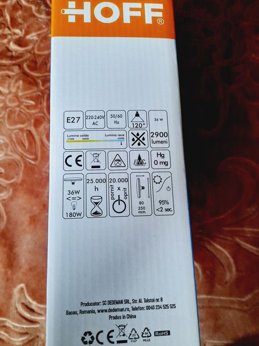 Bec led UF25, 36W, E27 CW, 80×250mm