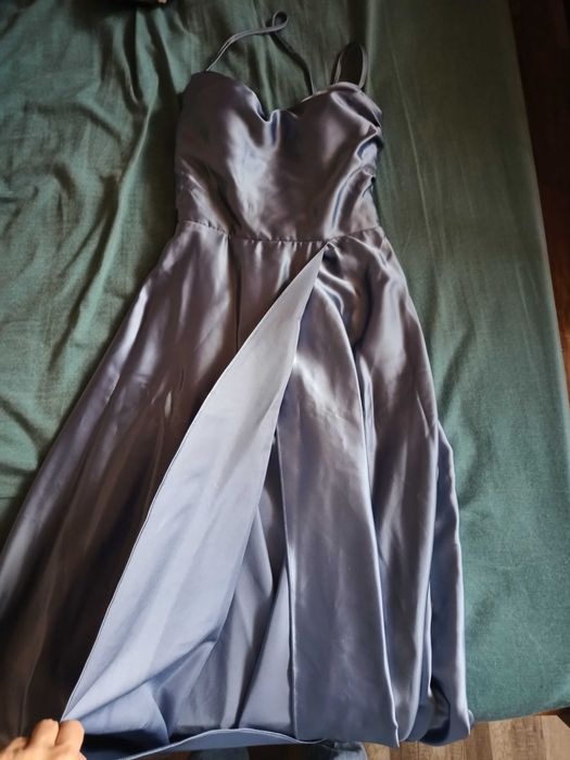 Официална дълга синя рокля, гол гръб