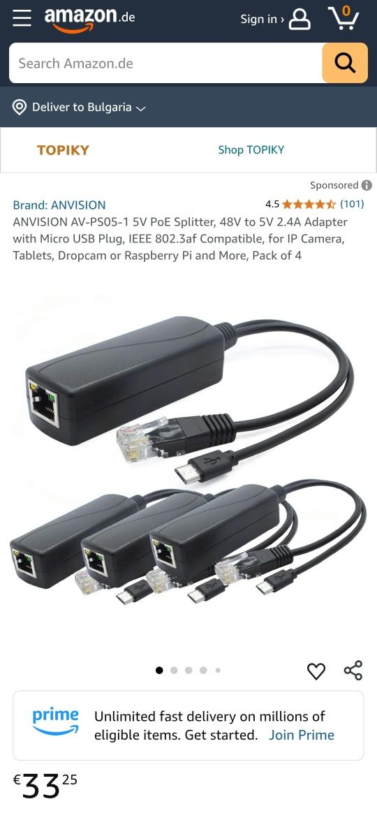 Сплитер PoE 48V към 5V 2,4A Micro USB + Data. За IP камери и др
