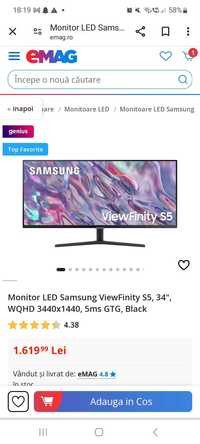 Monitor LED Samsung ViewFinity S5, 34", WQHD 3440x1440, 5ms GTG, Black