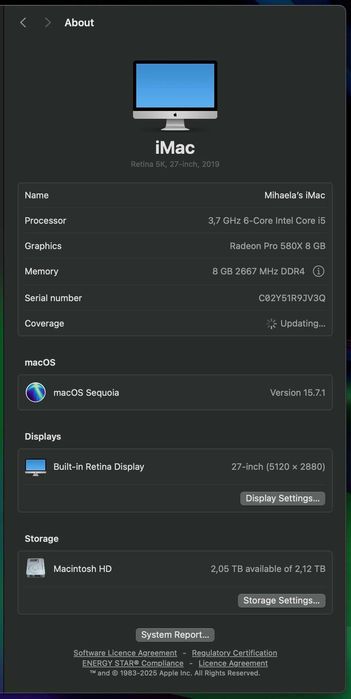 iMac 27" Retina 5K (2019) – i5 3.7GHz/Radeon Pro 580X/8GB RAM