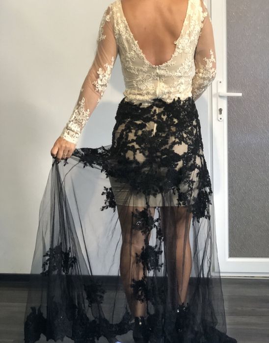Rochie bej/ negru cu trena s/36