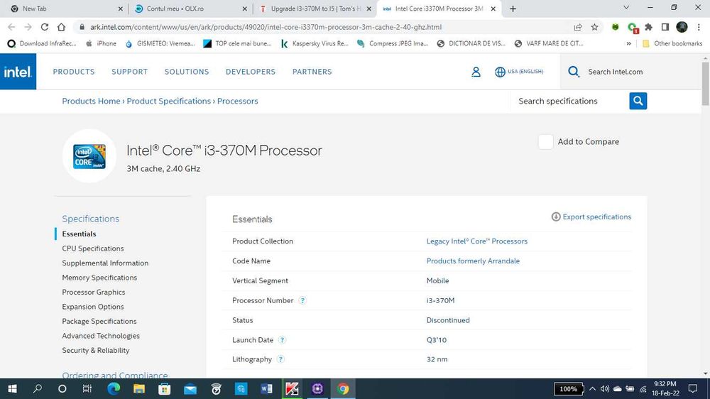 Procesor laptop intel i3 370M 2,40Ghz