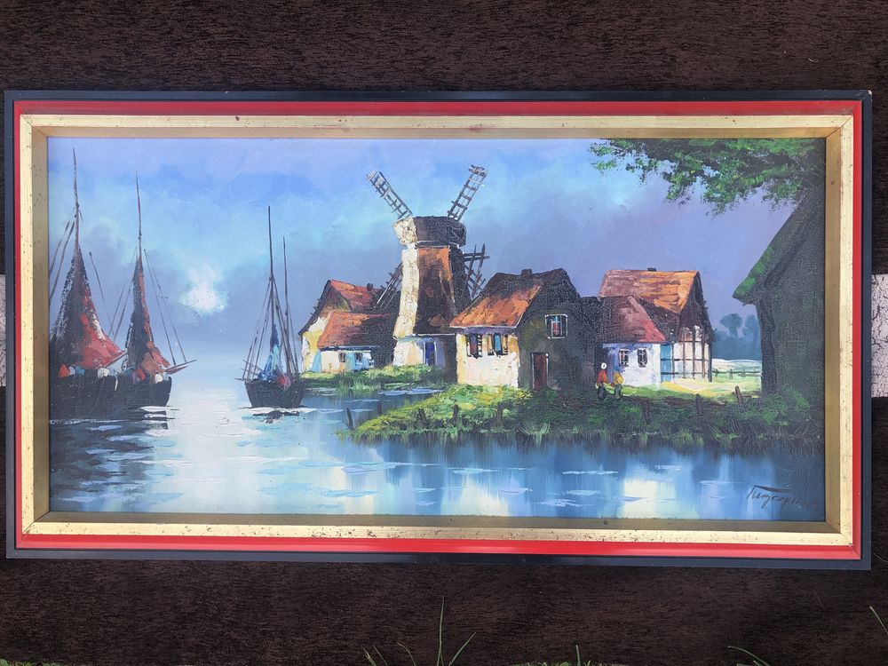 Tablou,pictura olandeza in ulei pe panza,peisaj,in spaclu,semnat