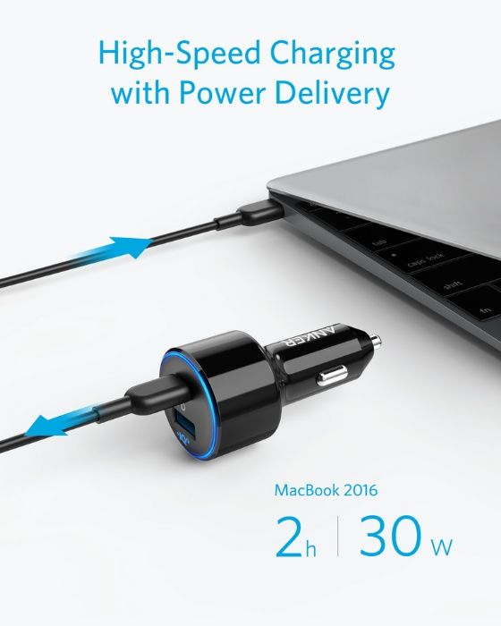 Anker PowerDrive Speed+2 с 1 PD и 1 PowerIQ порта, зарядно за кола