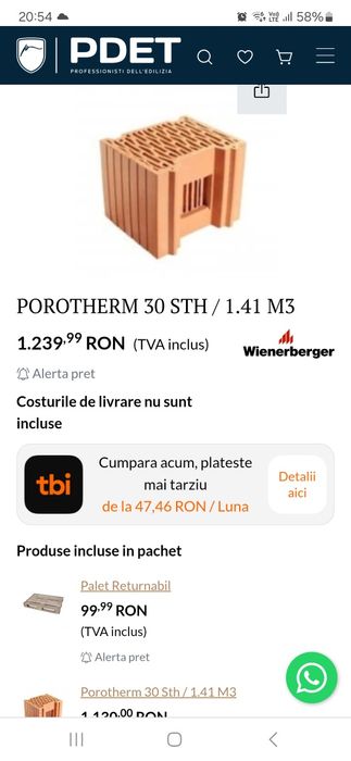 Vand caramida porotherm sth 30 1palet
Pret 600lei