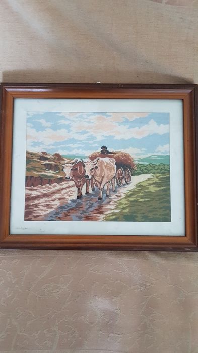 Goblenuri car cu boi si primăvară cu pomi infloriti