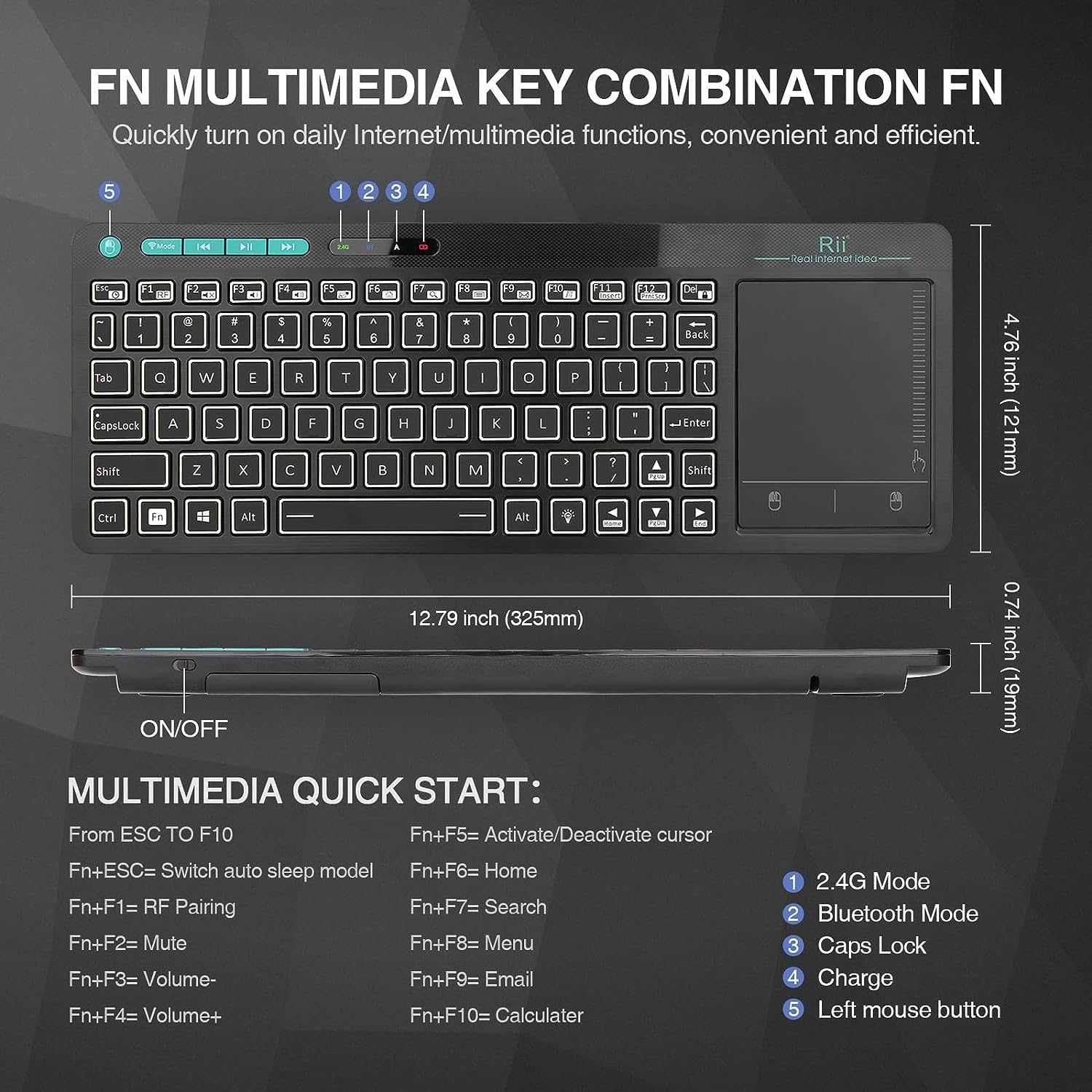 Rii RT518S Tastatură multimedia iluminare,Wireless Bluetooth,trackpad