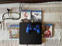 Продавам PS4 Slim в перфектно състояние с 4 игри и син джойстик