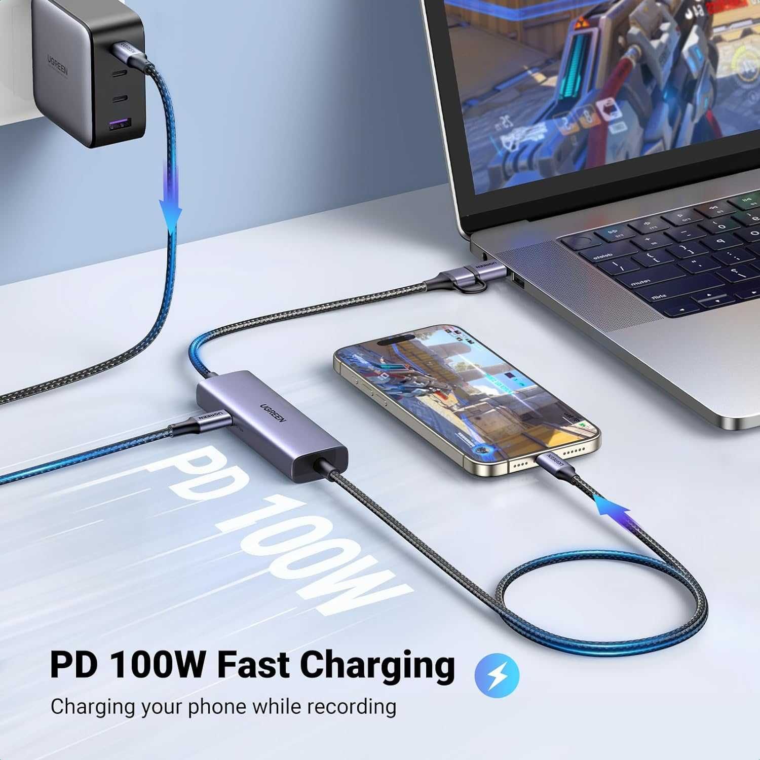 UGREEN Video Capture Card,USB-C към USB C/A Capture Card,100W