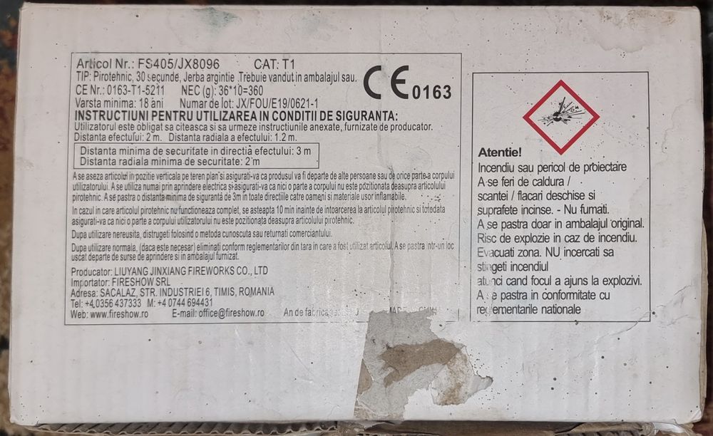 Jerbă pirotehnică T1 – 30 secunde, nouă – FireShow / Jinxiang
