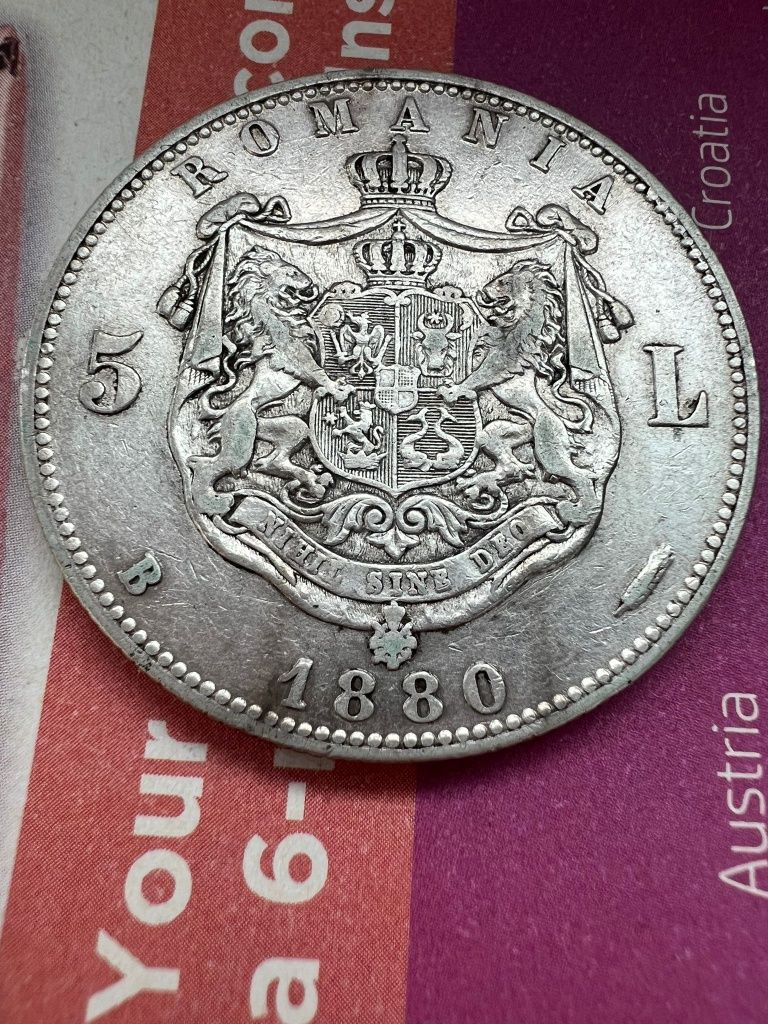 Moneda 5 lei 1880 Carol Domnul Romania argint