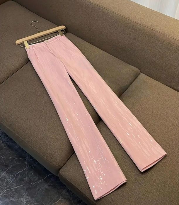 Compleu elegant roz paiete sacou blazer pantalon lung evazat cocktail