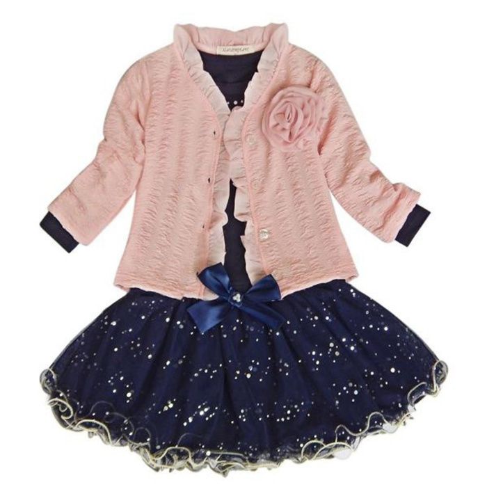 Compleu 3 piese /costum tricou+bluza nasturi+fusta tutu+ brosa