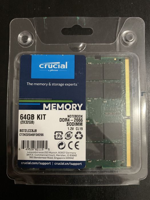 Kit Memorii RAM DDR4 laptop Crucial 64GB (2x32GB), 2666MHz, CL19