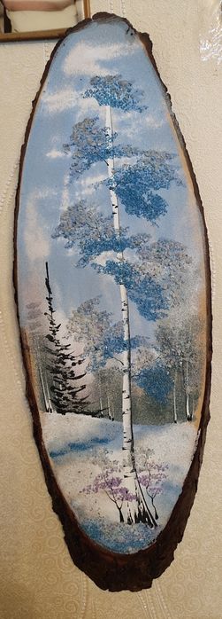 Картина на срезе дерева из каменной крошки "Зима"