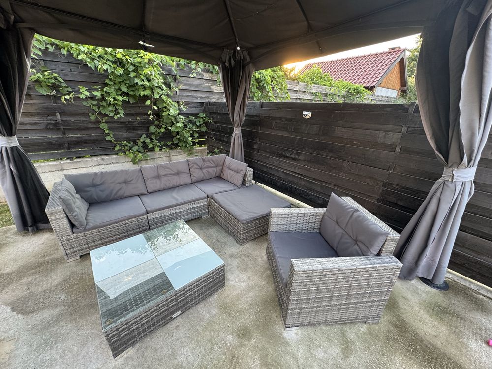 Set mobilier de grădină cu perne, 6 piese, gri, poliratan