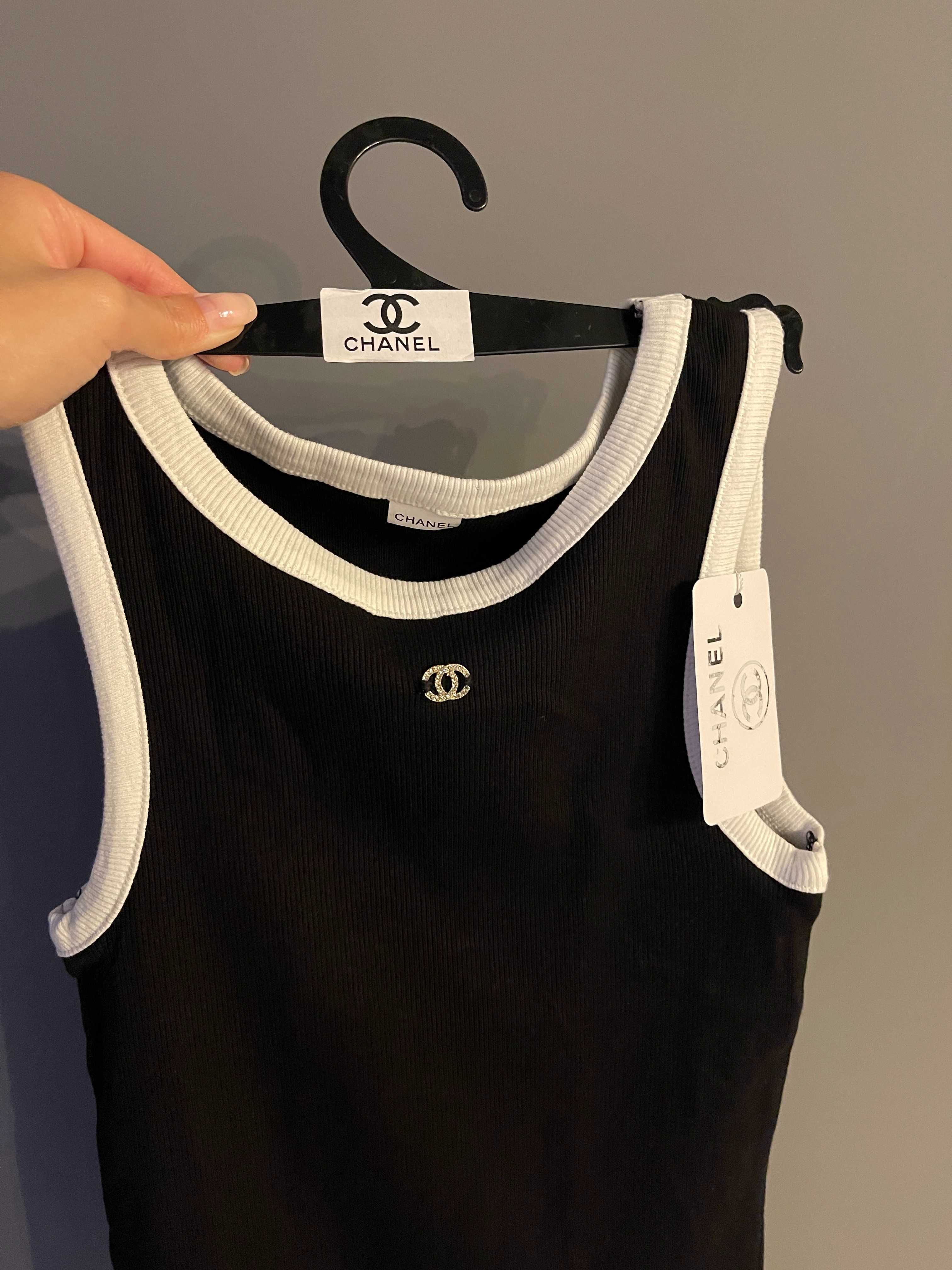 Chanel топ черен с бяло потник потниче Шанел черно рипсен рипс лукс