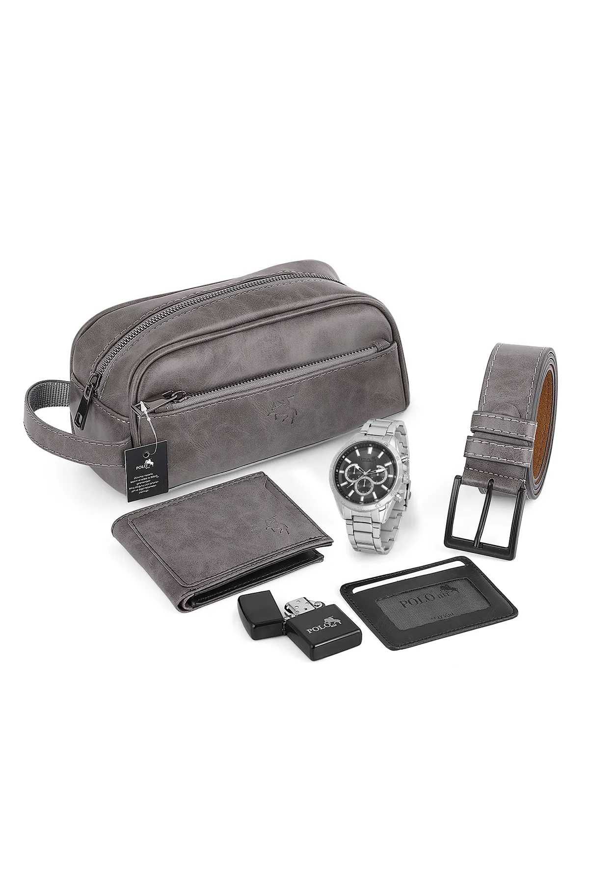 Мъжки комплект, POLO Air,Чанта, Портфейл, Колан, Часовник, Сив