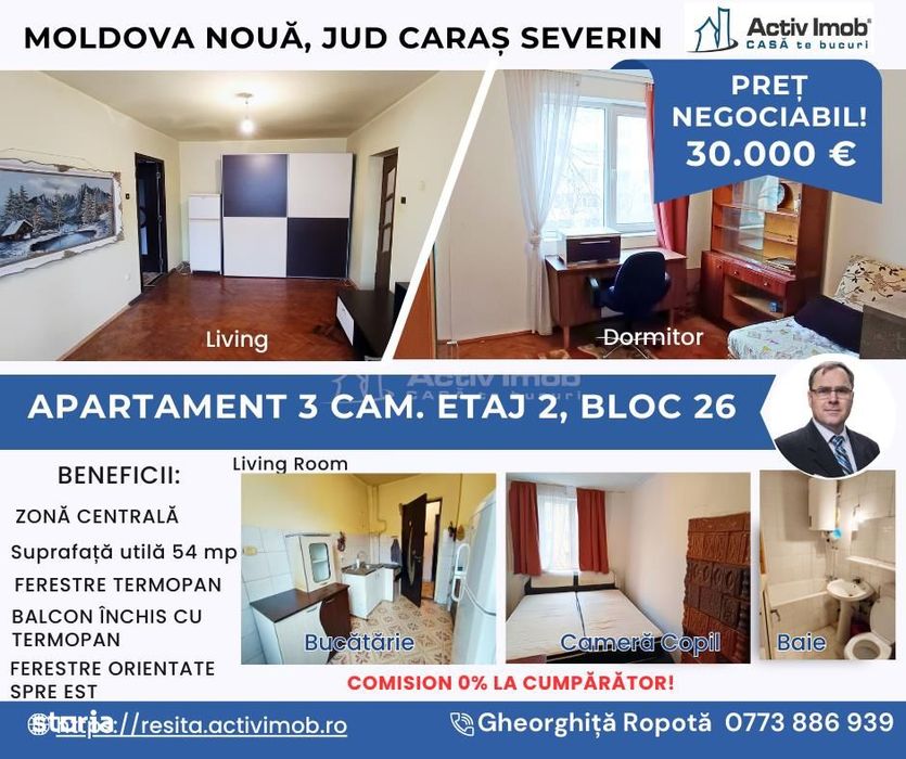 Apartament 3 cam. et. 2 in Moldova Nouă
