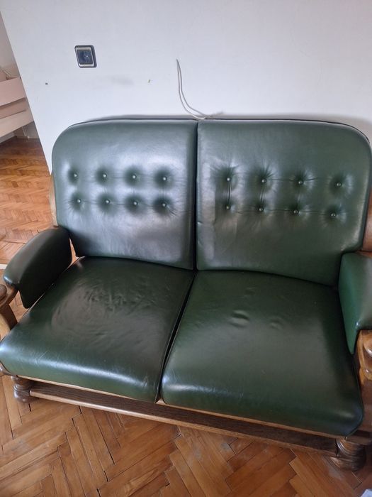 Set canapele și fotoliu din piele cu cadru de lemn masiv